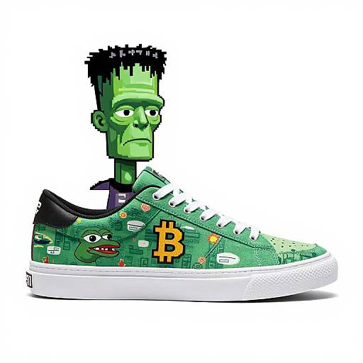 Digital cartoon-style green sneaker with Frankenstein-like character head, black hair, green skin, wearing purple shirt, Bitcoin logo, and alien faces.