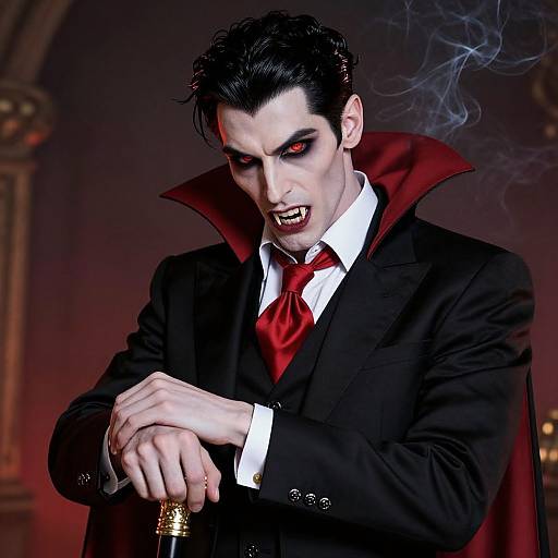 Photorealistic digital art of a dark-haired, pale-skinned vampire with red eyes, black suit, red tie, and high-collared cape