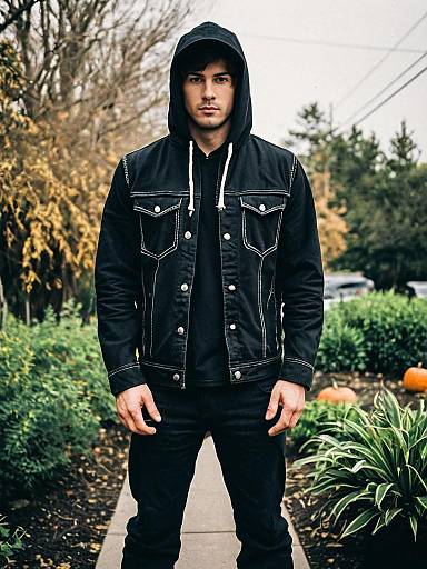 Young man in black hoodie and jacket outdoors