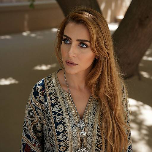 Photograph of a beautiful woman with long, wavy blonde hair, blue eyes, and fair skin, wearing an ornate blue and gold embroidered top