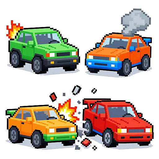 Pixel art image of four colorful, pixelated cars: green with flame, orange with flame, red with smoke, yellow with flame, on white background
