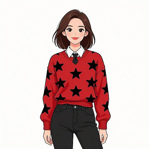 Smiling Woman in Star-Patterned Sweater