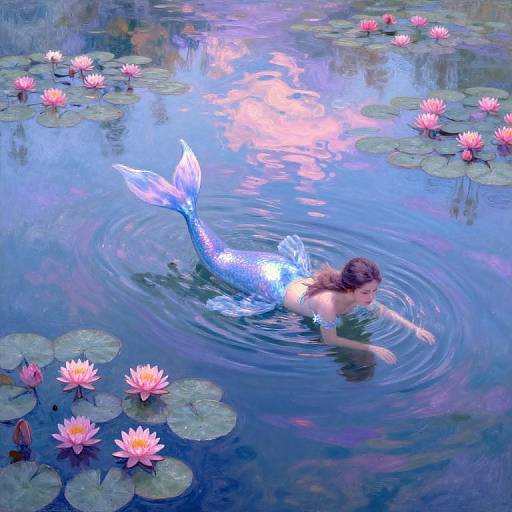A digital painting of a blue-scaled mermaid with a shimmering tail, floating in a serene pond with pink water lilies.