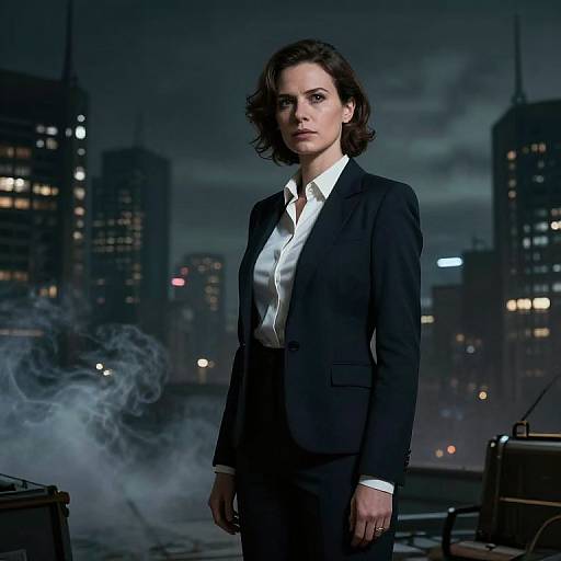 Photograph of a serious, dark-haired woman in a black suit standing in a smoky, nighttime urban cityscape with tall buildings.