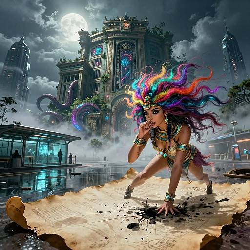 Digital artwork: Vibrant, multi-colored-haired woman in futuristic tribal attire, crouching on sandy street, moonlit cityscape, neon-lit