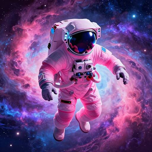 Digital artwork of a glowing, neon-lit astronaut floating in a vibrant, cosmic nebula with swirling pink, blue, and purple clouds.