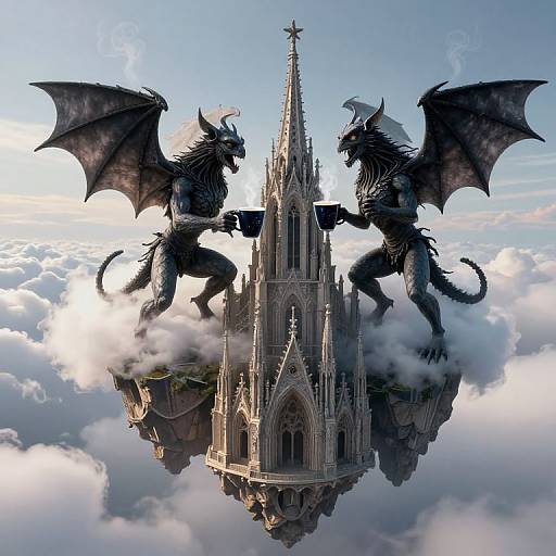 Digital artwork of two black, winged dragons hovering over a floating, Gothic-style cathedral surrounded by clouds in a bright sky.