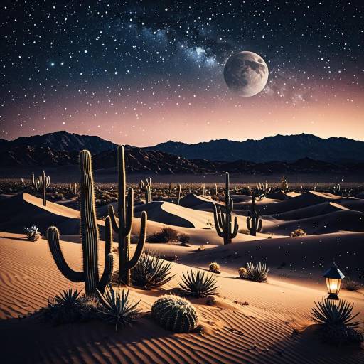 Midnight Desert with Glowing Cacti and Starry Sky Midnight Desert with Glowing Cacti and Starry Sky