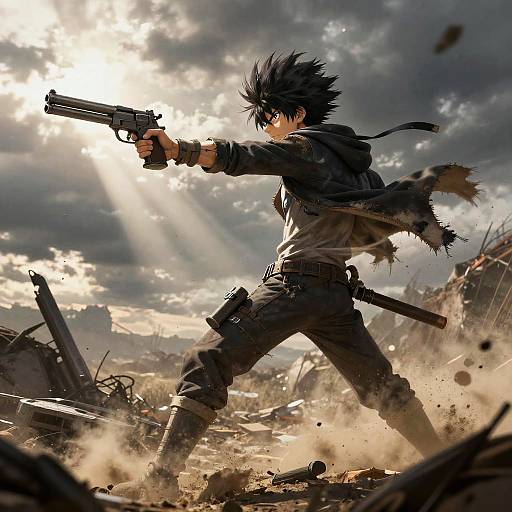 Dynamic anime-style drawing of a black-haired, determined young man with spiky hair, firing a gun in a sunlit, war-torn, rubble