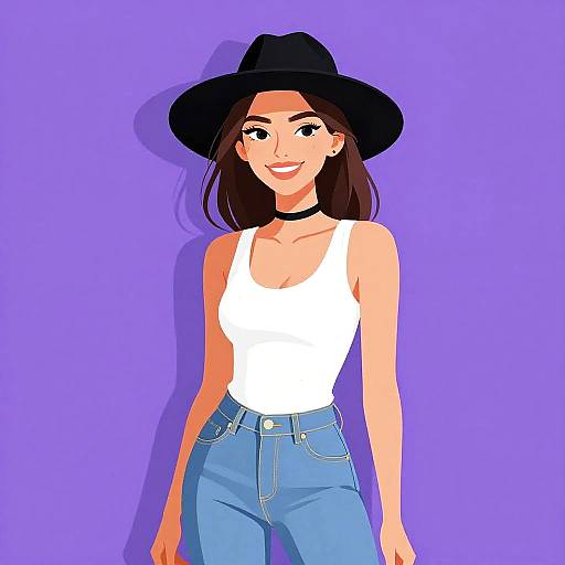 Digital illustration of a smiling woman with tan skin, wearing a black hat, white tank top, and blue jeans, against a solid purple background.