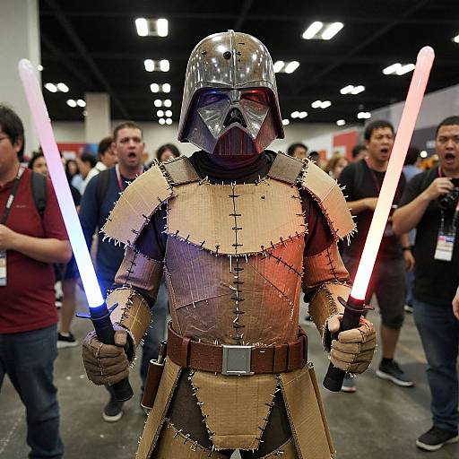 Photograph of a person in a detailed, patchwork Mandalorian costume with a reflective helmet, holding blue and red lightsabers, amidst a bustling