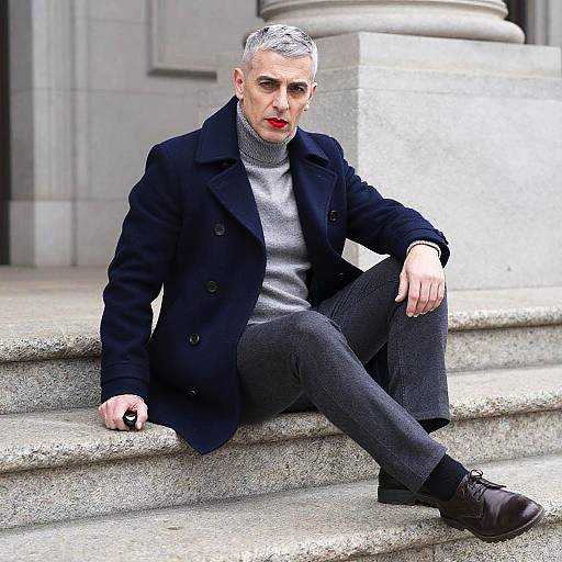 Photorealistic CGI of a silver-haired man with red lips, wearing a black coat, gray turtleneck, and gray pants, sitting on stone