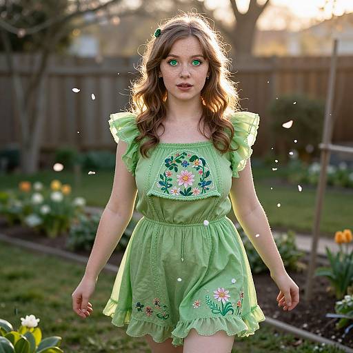 Photograph of a young girl with green eyes, long brown hair, wearing a light green dress with floral embroidery, standing in a sunlit garden with