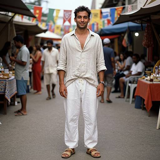 Photograph of a smiling Indian man with short black hair, wearing a white button-up shirt and white pants, standing in a bustling outdoor market with colorful
