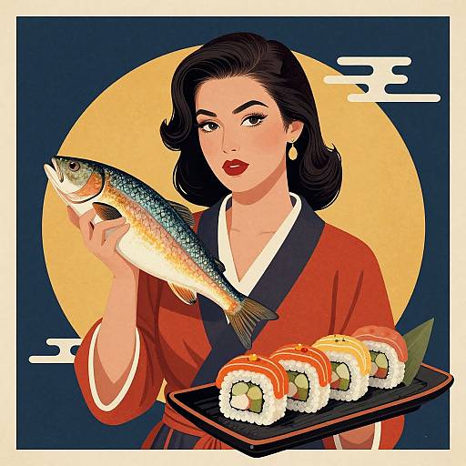 Digital illustration of a fair-skinned woman in a red kimono, holding a fish, with sushi on a tray, against a yellow moon.