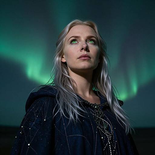 Photograph of a blonde woman with green eyes, wearing a black, sparkly hoodie, gazing upward at green aurora lights.