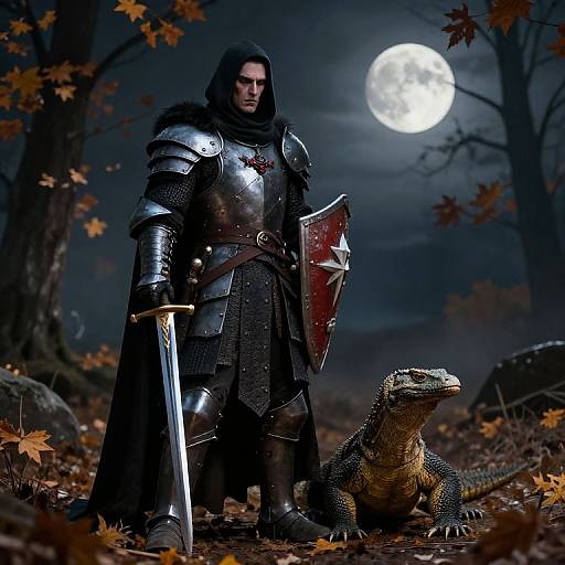 Photorealistic digital artwork of a dark-armored knight with a red shield, sword, and dragon companion under a full moon in a leaf-stre