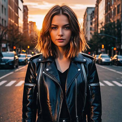Fashion Model with Middle Part Hairstyle in Leather Jacket