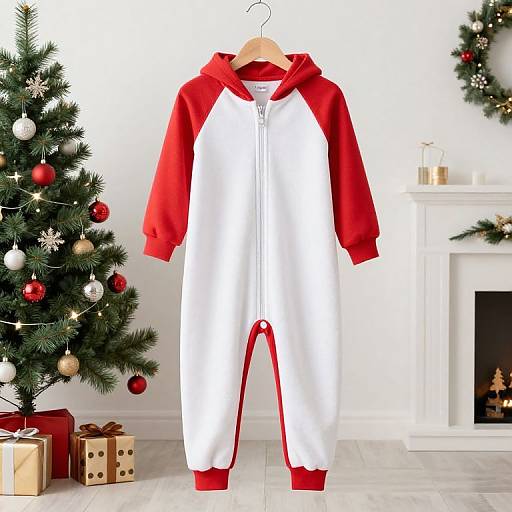 Photograph of a red-and-white raglan-style onesie with red cuffs and hem, hanging on a wooden hanger in a Christmas-decorated