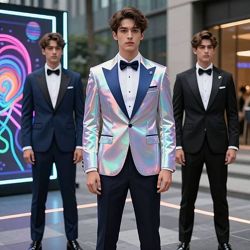 Photograph of three young men in formal attire; central figure in shiny silver tuxedo, flanked by two in black tuxedos,
