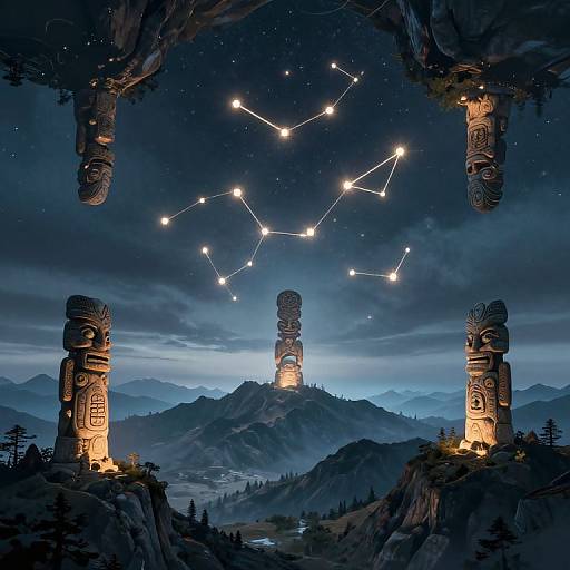 Fantasy night scene with illuminated stone totem poles framing a mountain peak adorned with a glowing constellation under a starry sky.
