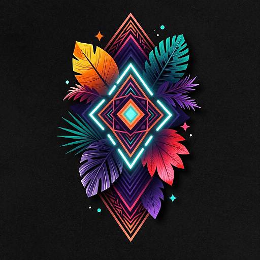 Neon geometric diamond with vibrant, multicolored feathers (orange, red, blue, purple) against a black background, glowing neon outlines. Digital