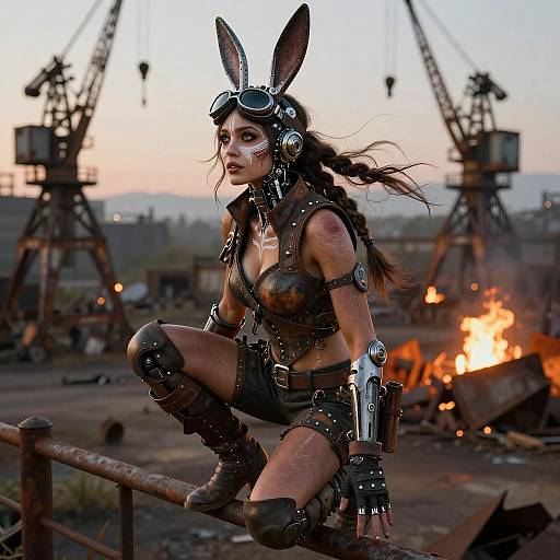 Bunny-Eared Scavenger Woman on Railing