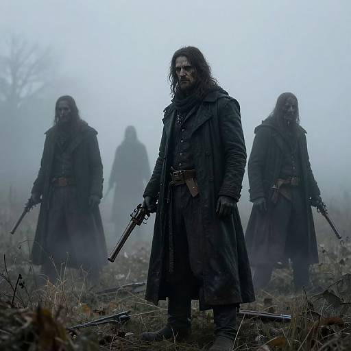 Photograph of three rugged, bearded men with long hair, wearing dark, tattered coats, holding guns, standing in a misty, grass