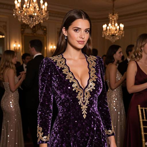 Photograph of a woman with long dark hair, wearing a deep purple velvet dress with gold embroidery, standing in a dimly lit, elegant ballroom