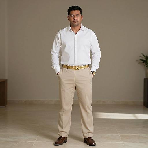 Photograph of a man with short black hair, medium build, wearing a white shirt, beige pants, gold belt, brown shoes, standing hands in