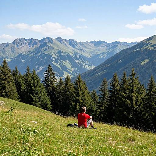 Photograph of a person in a red shirt and black hat, sitting on a grassy hill, facing a mountainous forest landscape with evergreen trees