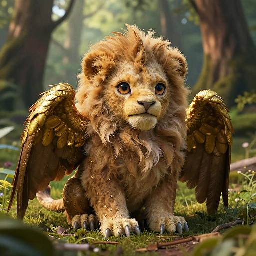 Photorealistic digital artwork of a lion cub with golden wings, sitting on forest floor. The cub has a fluffy mane, large expressive eyes, and