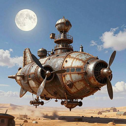 Steampunk Airship Over Desert Moon