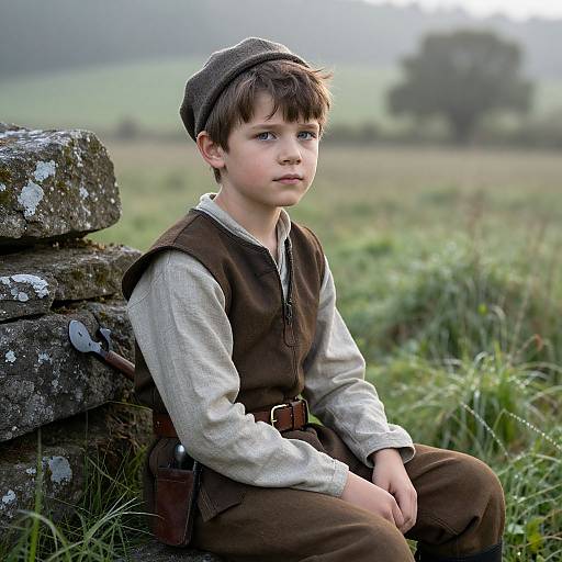 Photograph of a young boy with light skin, brown hair, and blue eyes, wearing a brown vest and cap, sitting on a mossy stone