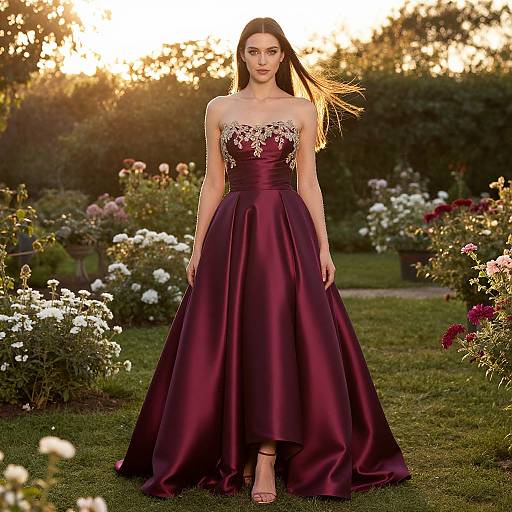 Photograph of a slender, fair-skinned woman with long brown hair, wearing a strapless, deep purple satin gown with silver lace, standing in