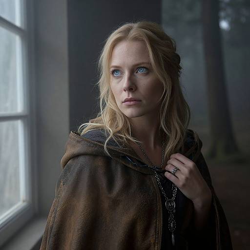 Photograph of a blonde woman with blue eyes, wearing a brown, textured cloak, standing near a window in a dimly lit room.