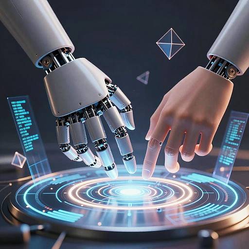 Cybernetic Hands Emerging from Holograms