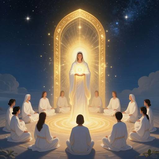 Digital illustration of a glowing, radiant figure in white robes, centered in a golden arch, surrounded by seated, white-robed devotees under a star