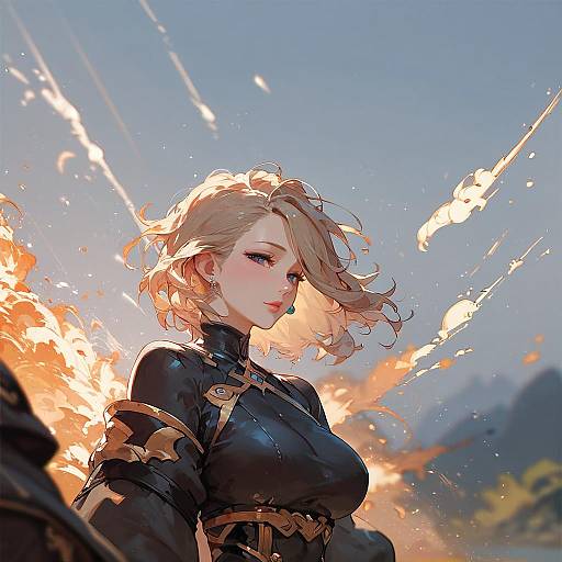 Digital anime-style artwork of a blonde, blue-eyed woman with a curvy figure, wearing a black, armored top, amidst fiery explosions against a bright