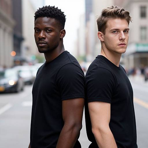 Serious Men Standing on City Street