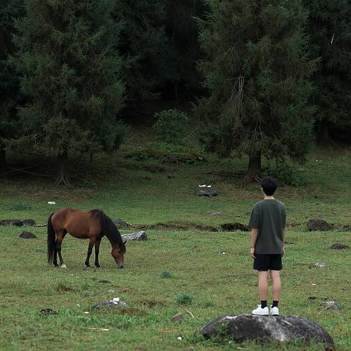 Two Figures Behind Horse in Forest