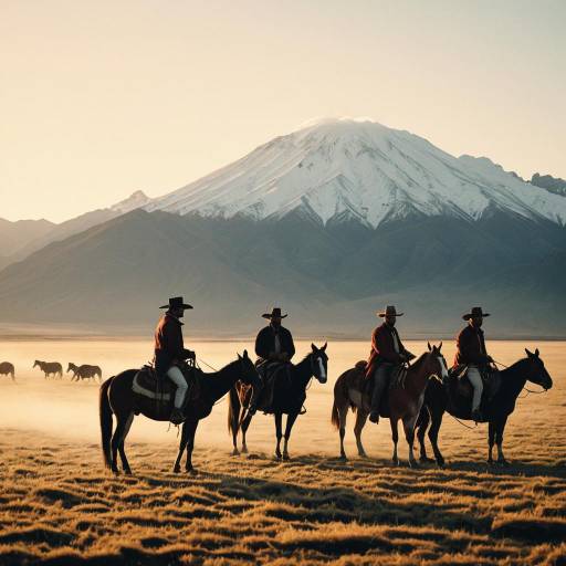 Gaucho Horsemen in Argentinian Pampas at Sunset