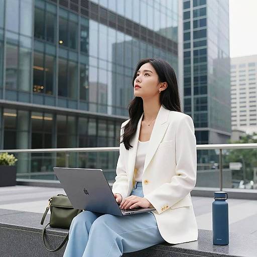 Woman with Laptop in Cityscape