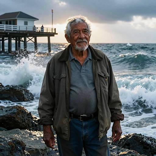 Stormlit Elderly Latinx Fisherman on Pier