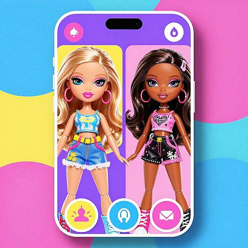 Digital illustration of two Barbie dolls displayed on a smartphone screen with colorful background, showing blonde and dark-haired dolls in denim shorts and skirts.