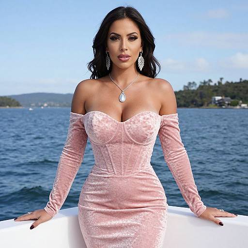 Photograph of a dark-haired woman with olive skin in a pink, off-shoulder, velvet dress, standing on a boat, wearing silver jewelry