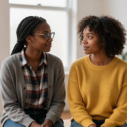 Photograph of two Black women with different hairstyles, one with braids and glasses in a plaid shirt and gray cardigan, the other with curly