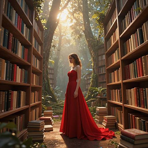Photograph-style digital art: Elegant woman in red ball gown stands in sunlit, forested library aisle between tall bookshelves, surrounded by stacks