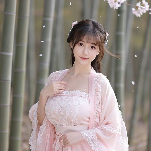 Photograph of an Asian woman with fair skin, black hair in a bun, wearing a pink lace kimono, standing in a bamboo forest with sunlight