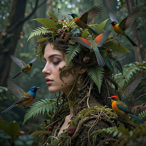Photograph-style digital art of a serene woman with curly hair, wearing a fern and bird-adorned crown, surrounded by colorful hummingbirds in a